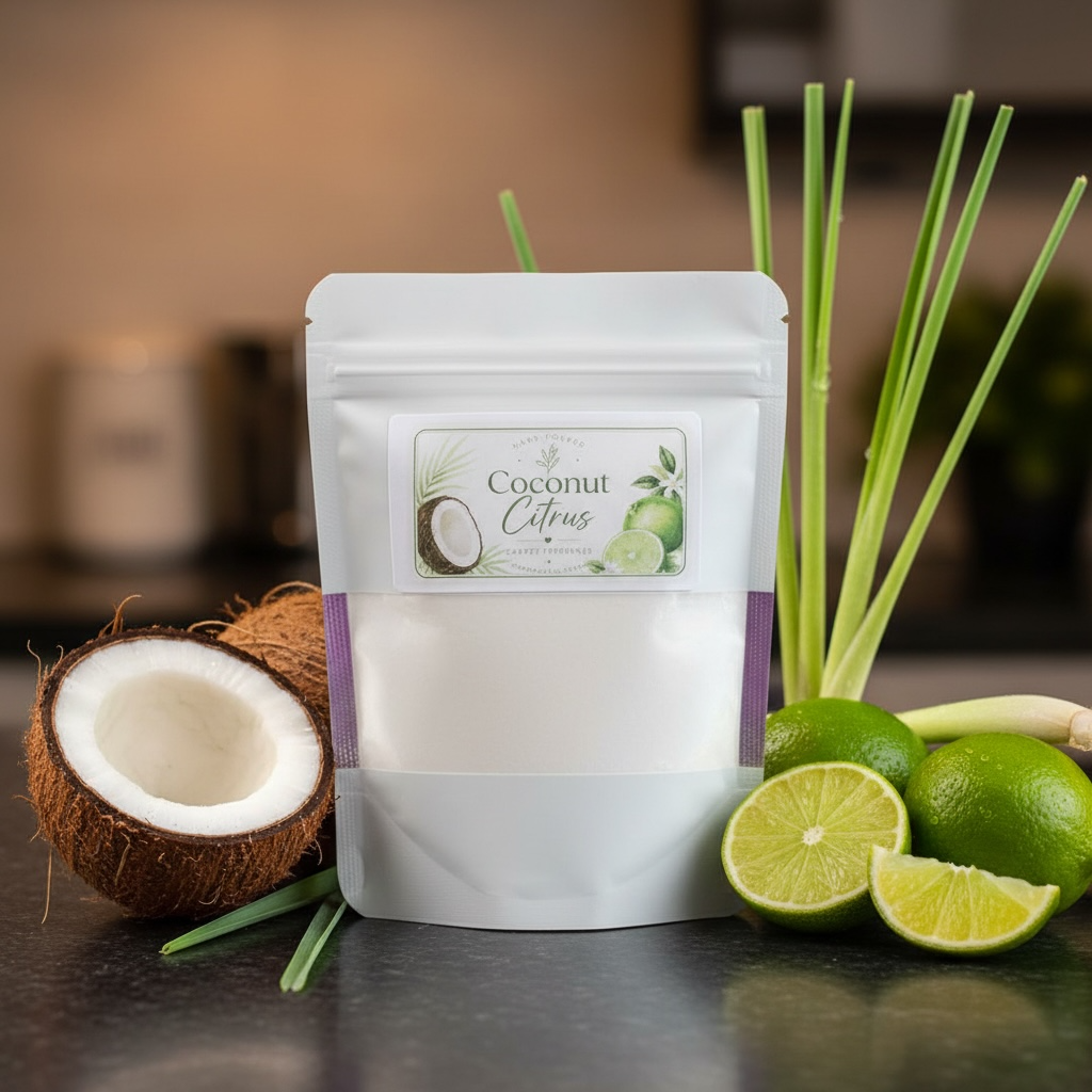 A white stand-up pouch labeled 'Coconut Citrus' stands on a dark countertop, surrounded by a halved coconut, green limes, and tall green leaves in a kitchen-like setting.