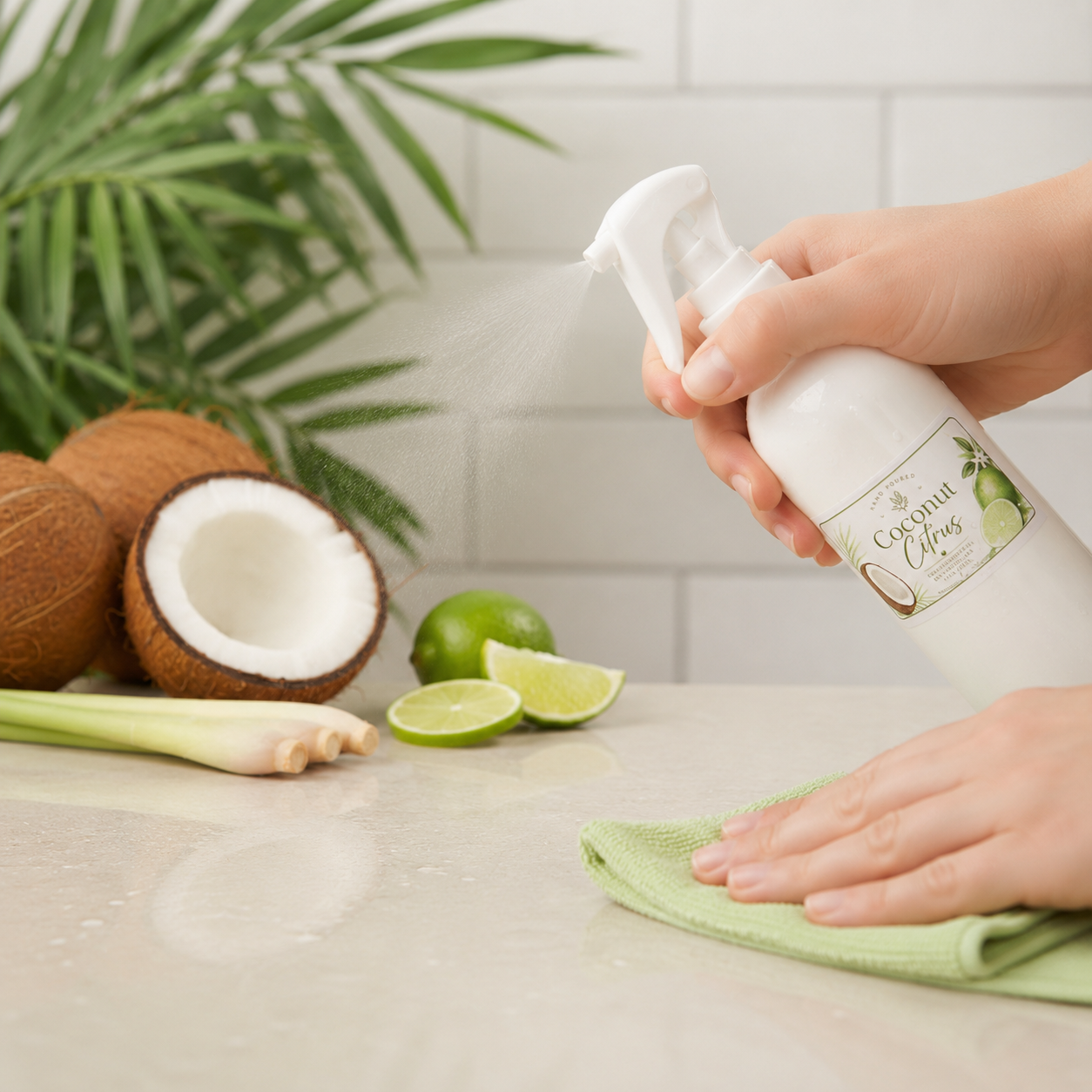 A person's hands spray a cleaning mist onto a countertop and wipe it with a light green cloth, with coconuts, limes, and a green plant in the background. The spray bottle is labeled 'Coconut Citrus’