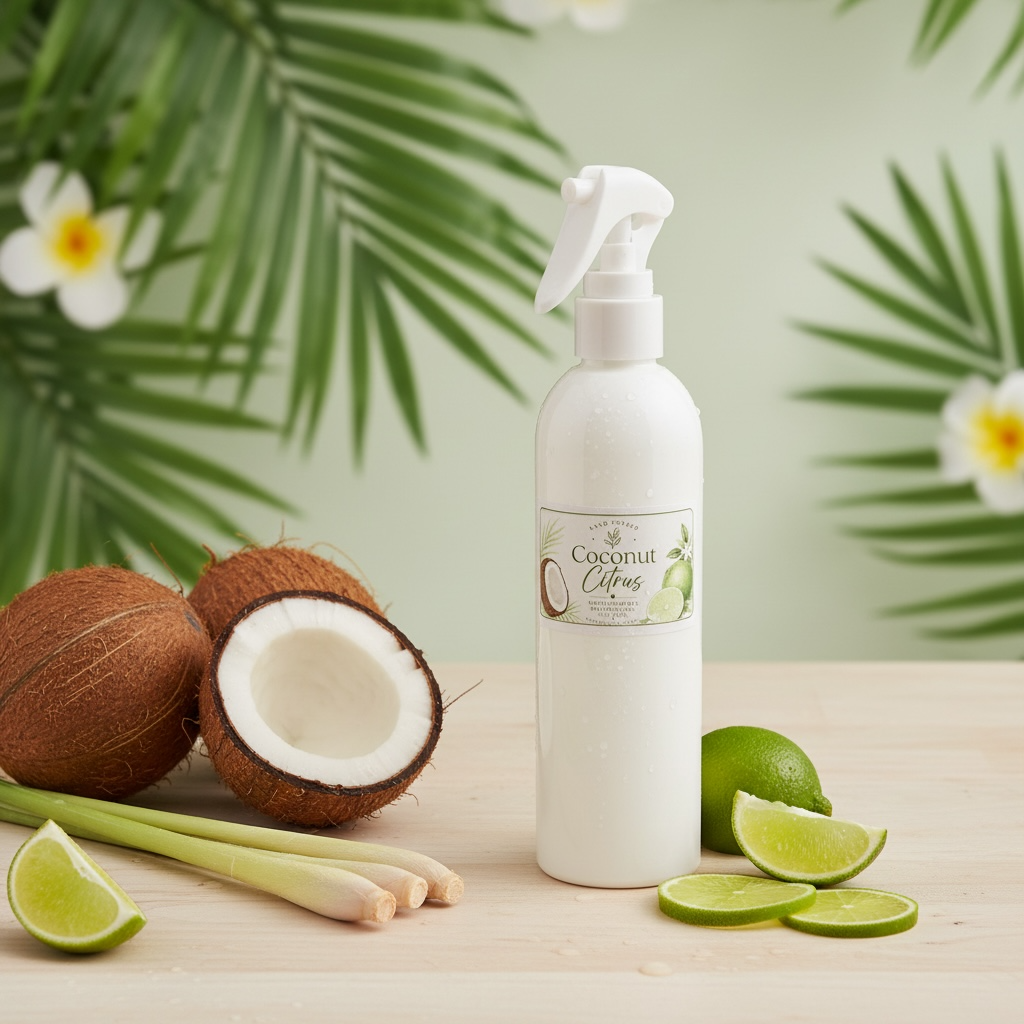 A multi purpose disinfectant cleaner spray bottle with a coconut and lemongrass background 