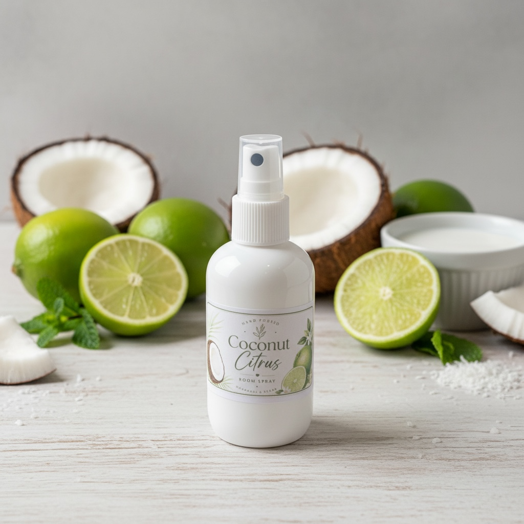 A bottle of coconut citrus room spray with a coconut and citrus background 