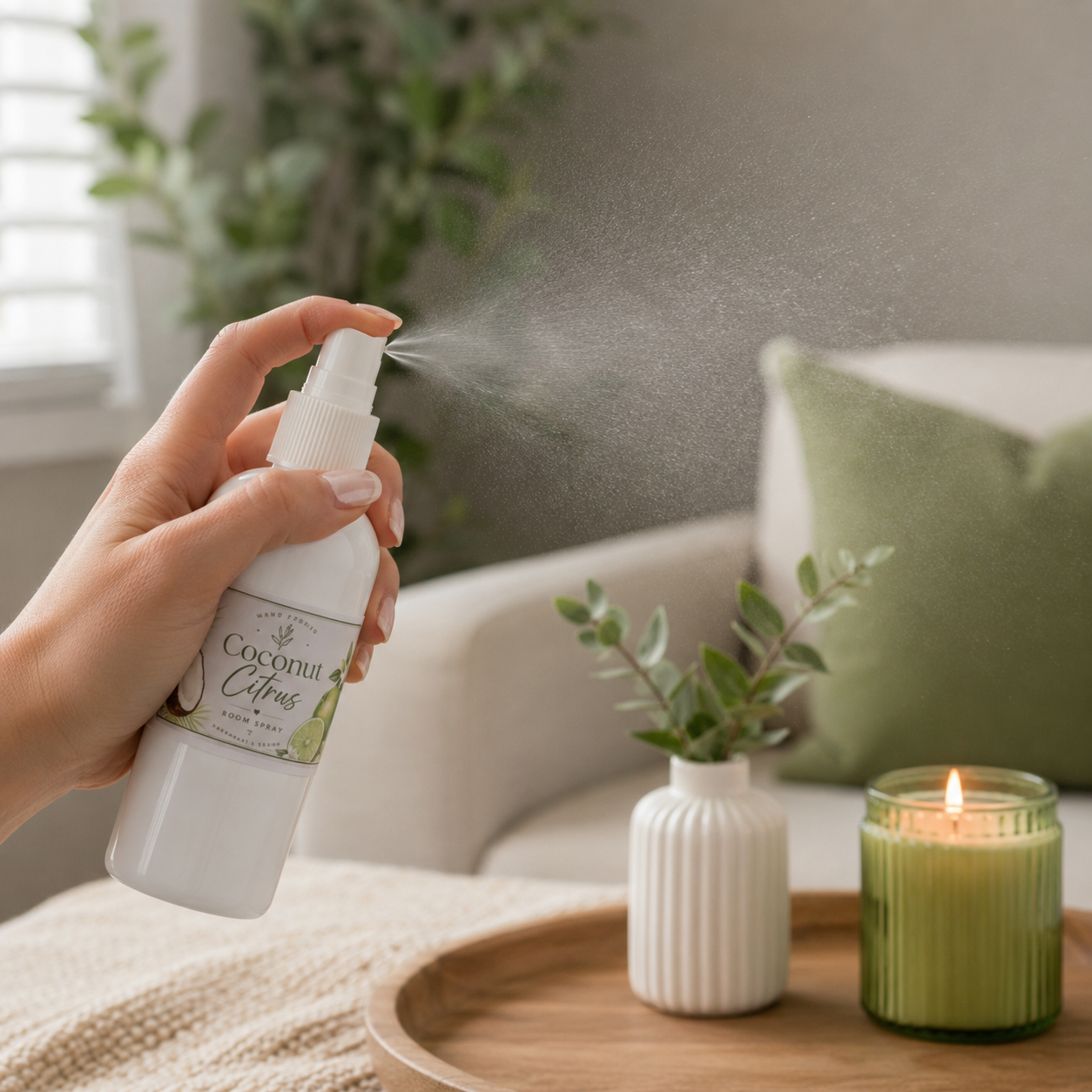 A hand holds a white spray bottle labeled 'Coconut Citrus' and sprays a fine mist into the air in a cozy living room setting with a green candle, small potted plant, and sofa in the background.