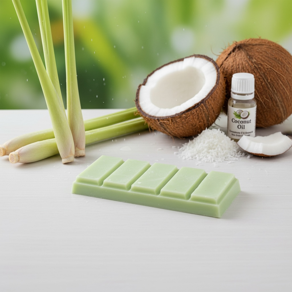 A pale green rectangular wax bar with segmented tabs, styled on a white surface with lemongrass, a halved coconut, coconut oil bottle, shredded coconut, and a whole coconut against a soft green blurred background.