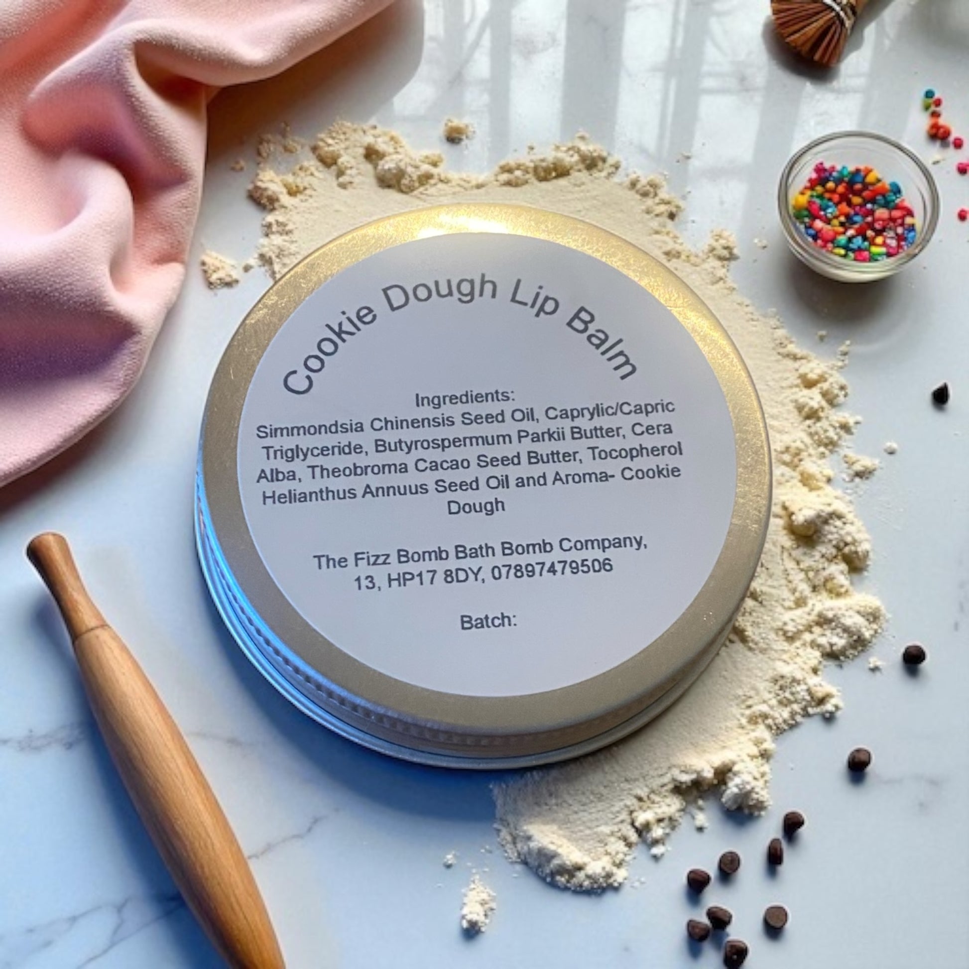 A handmade cookie dough lip balm
