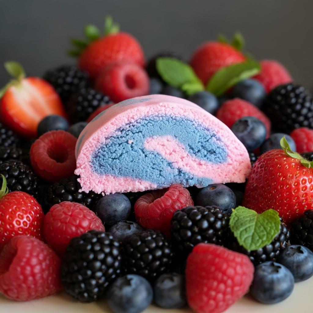 A close-up of a pink and purple swirled bubble bar surrounded by fresh berries, including strawberries, raspberries, blackberries, and blueberries, with mint leaves on a dark gray background.