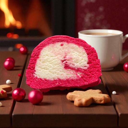 A red and white swirled bubble bar with a festive themed background
