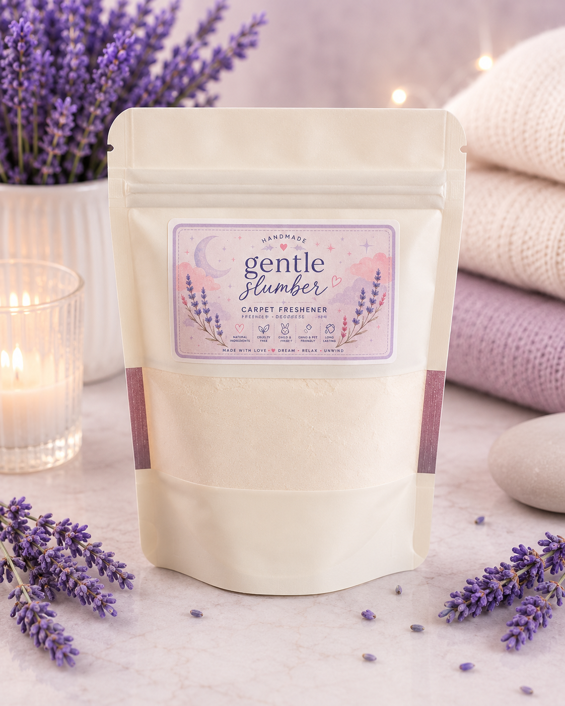 A stand-up pouch of Gentle Slumber carpet freshener, cream-colored with a lavender and pink label, styled on a marble surface with lavender sprigs, a lit candle, and soft knit blankets in the background.