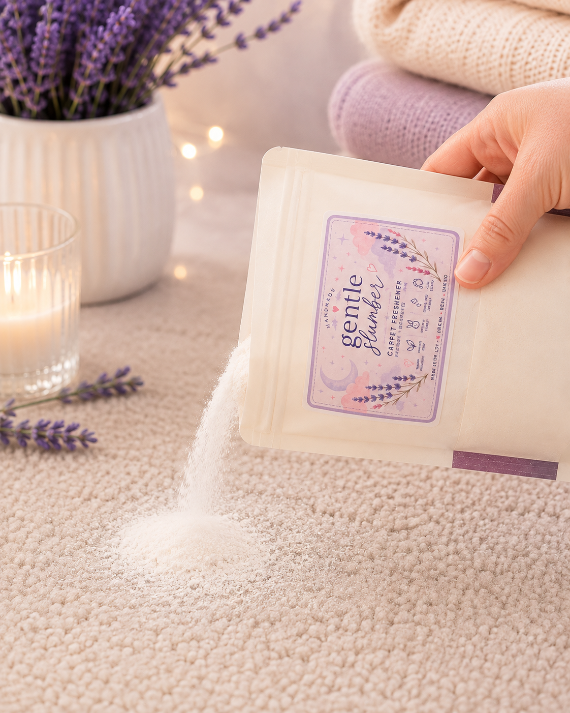 A hand holds a stand-up pouch labeled 'gentle slumber' while white powder pours onto a cream-colored textured rug. The scene includes a white candle in a glass holder, a white vase with lavender stems, and folded lavender and cream textiles in the background.