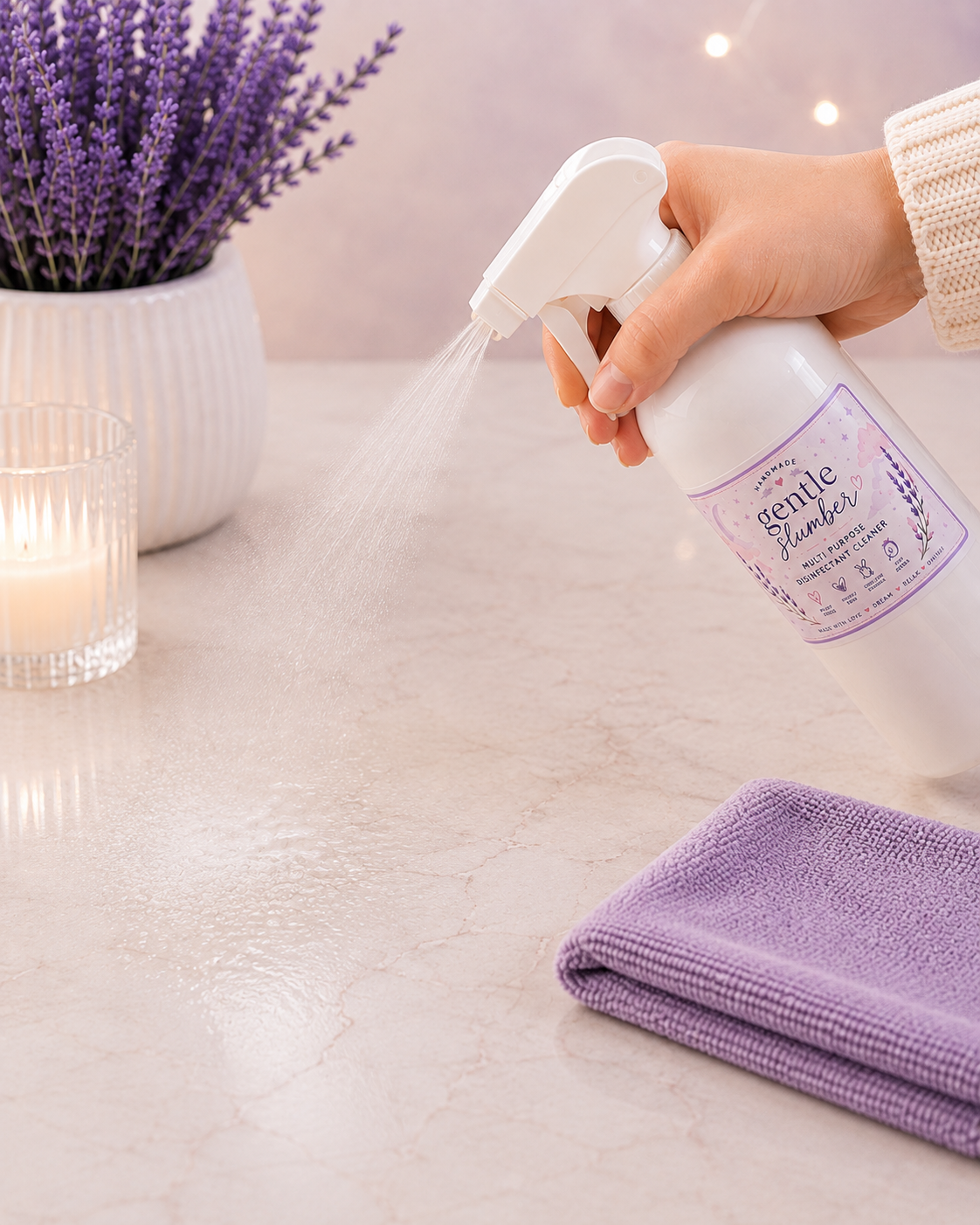 A hand holding a white spray bottle labeled 'Temple Planner' sprays a light-colored tabletop with lavender mist, next to a folded purple microfiber cloth and a white vase of lavender.