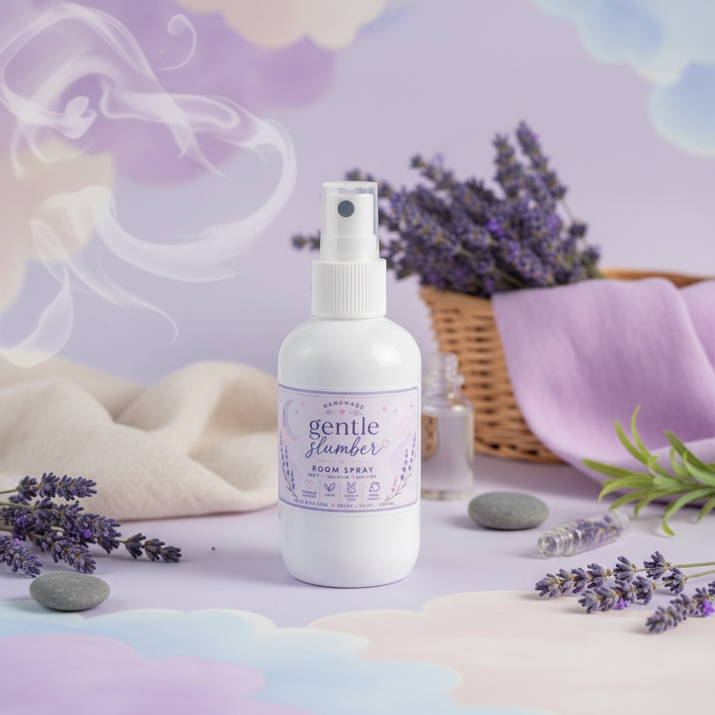 A bottle of gentle slumber room spray with a calming lavender background 