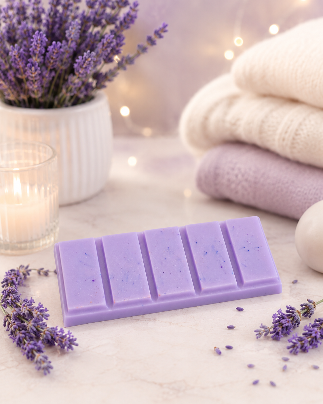 A lavender-colored segmented wax bar with tiny blue flecks, styled on a marble surface with lavender sprigs, a candle, a white pot of lavender, and folded towels in the background.