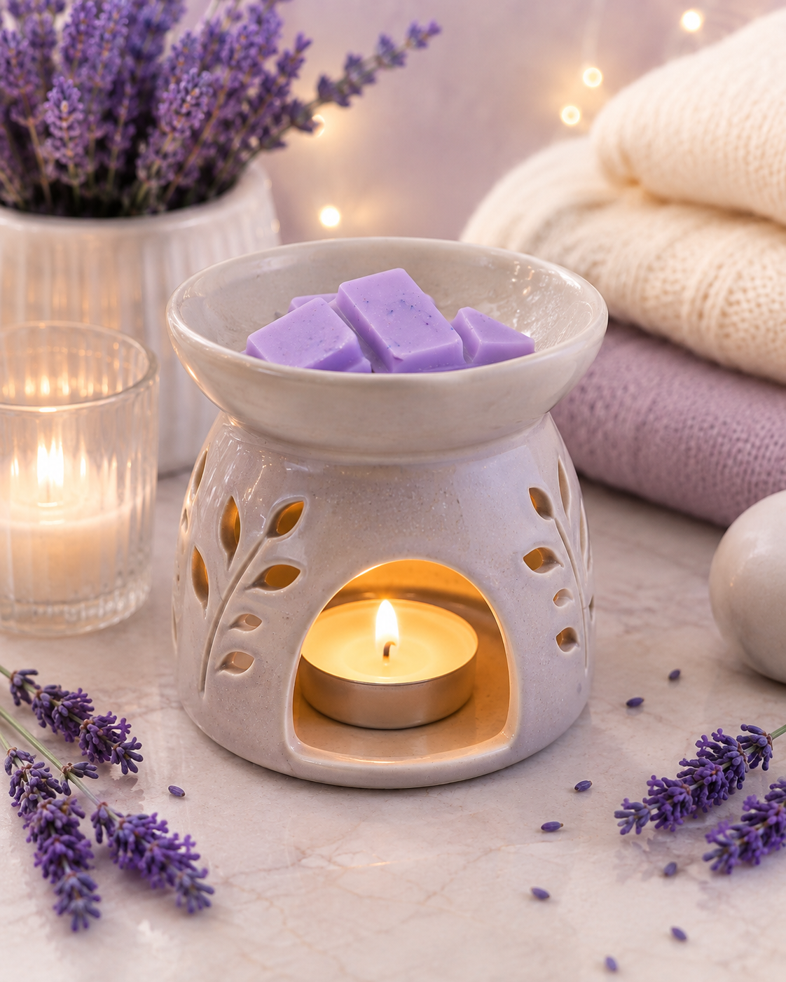Lavender wax melts in a white ceramic scented candle warmer with a lit tea light candle inside, styled with lavender sprigs, a small lit candle, and folded towels in a spa-like setting.