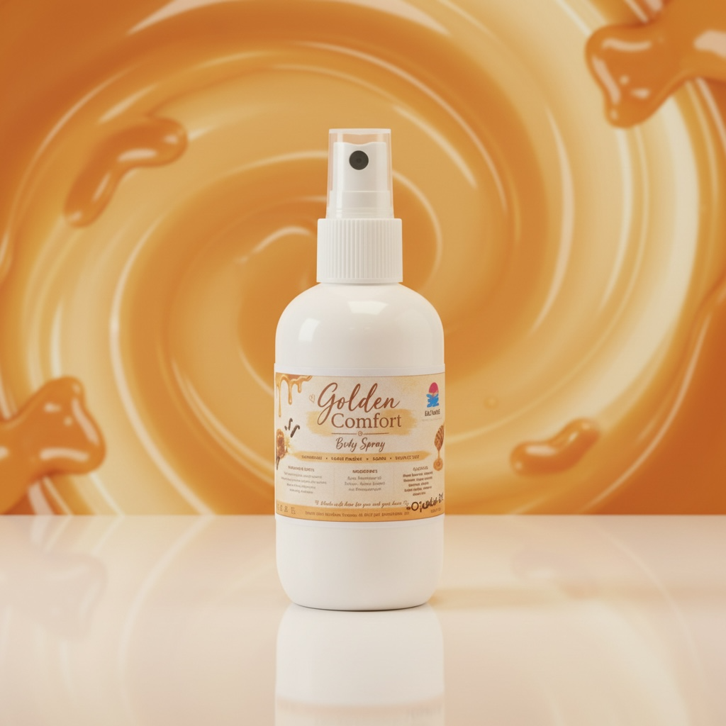 A white spray bottle labeled 'Golden Comfort Body Spray' stands centered on a glossy white surface, with a warm orange background featuring a honey-like swirl and drips.