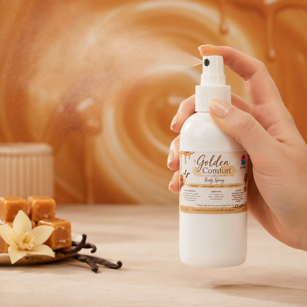 A hand holding a white spray bottle of Golden Comfort Body Spray, with caramel cubes, vanilla beans, and a flower in the foreground against a warm caramel-colored background.
