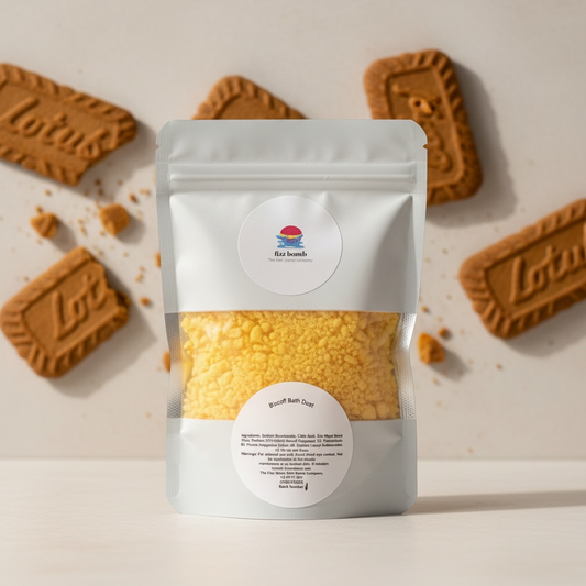 A bag of Biscoff Bath dust with Biscoff biscuits background 