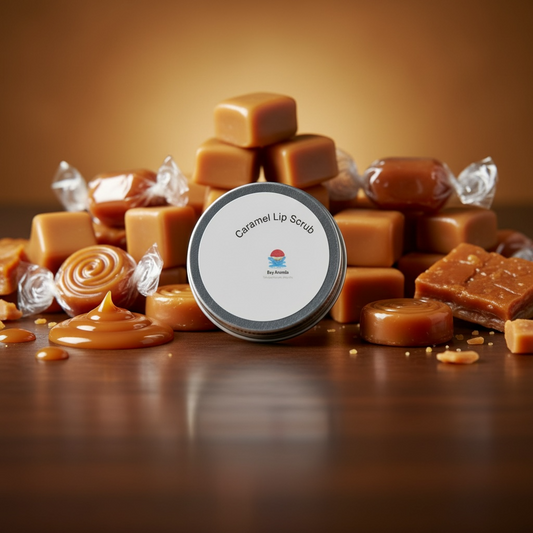 A tin of caramel lip scrub with a background of caramel sweets.