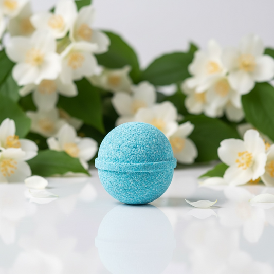 Teal bath bomb on a white surface with white flowers in the background