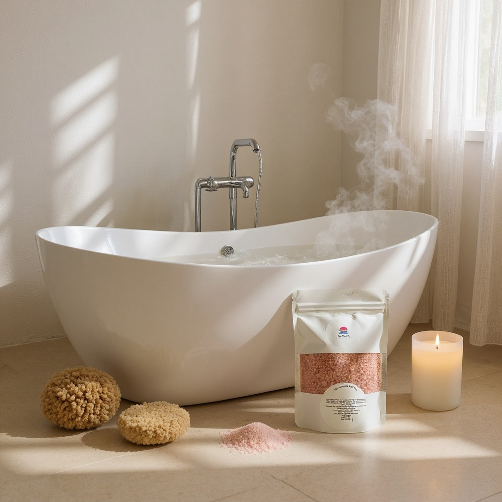 Steaming bathtub with bath dust, sponges, and a candle in a bathroom setting.