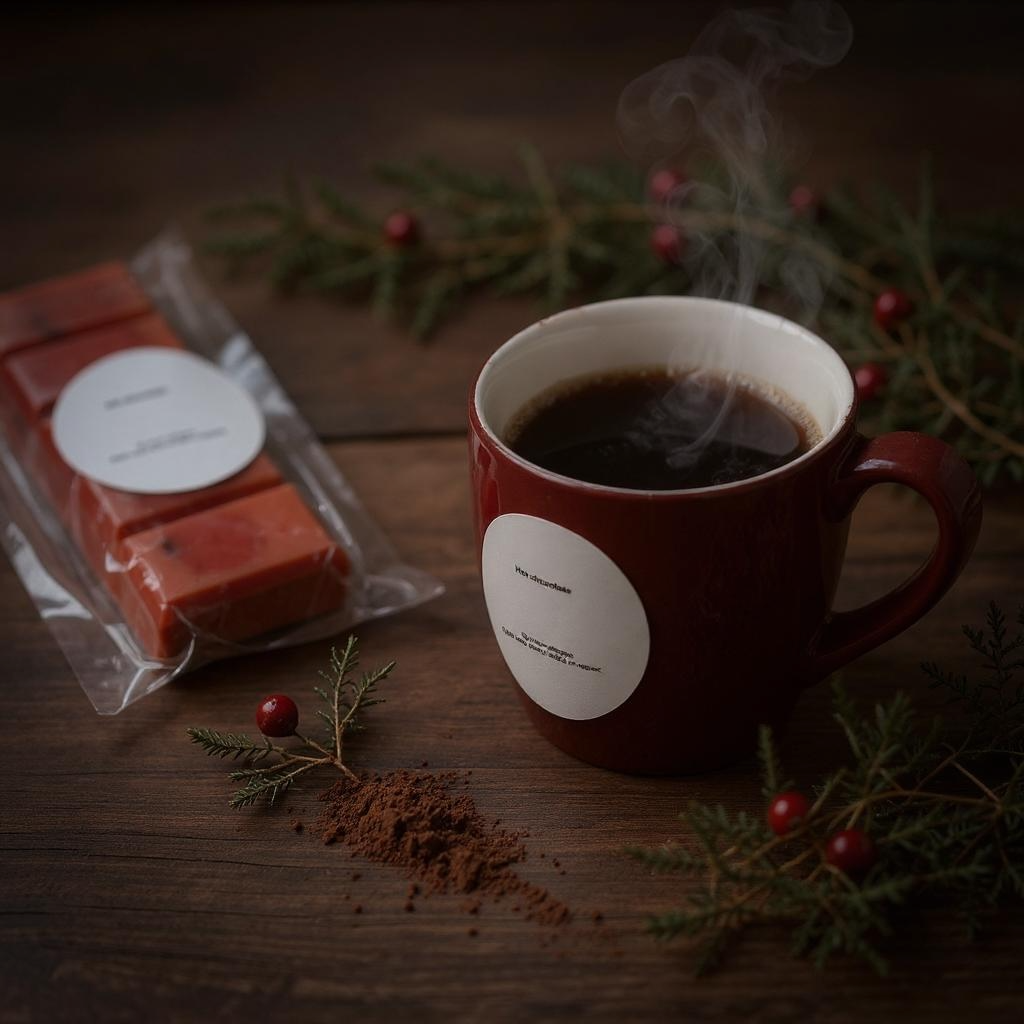 Red mug with coffee and a package of red wax melts on a wooden surface with greenery.