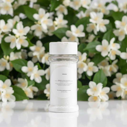 A shaker bottle of carpet freshener with jasmine flowers background 