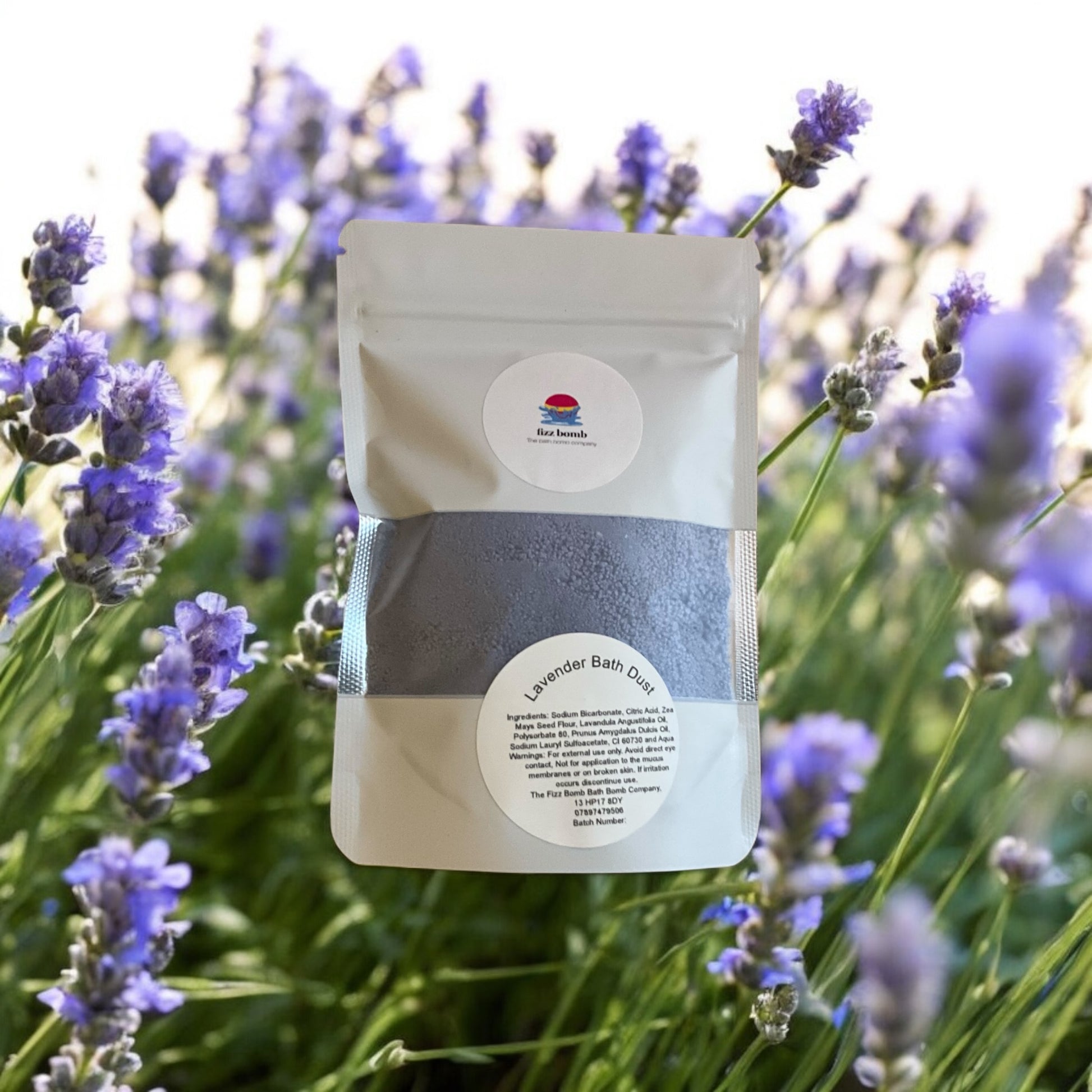 A bag of lavender Bath dust with a lavender background