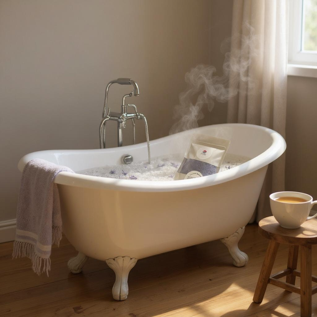 Steaming bathtub with a cup of coffee on a stool in a cozy bathroom.
