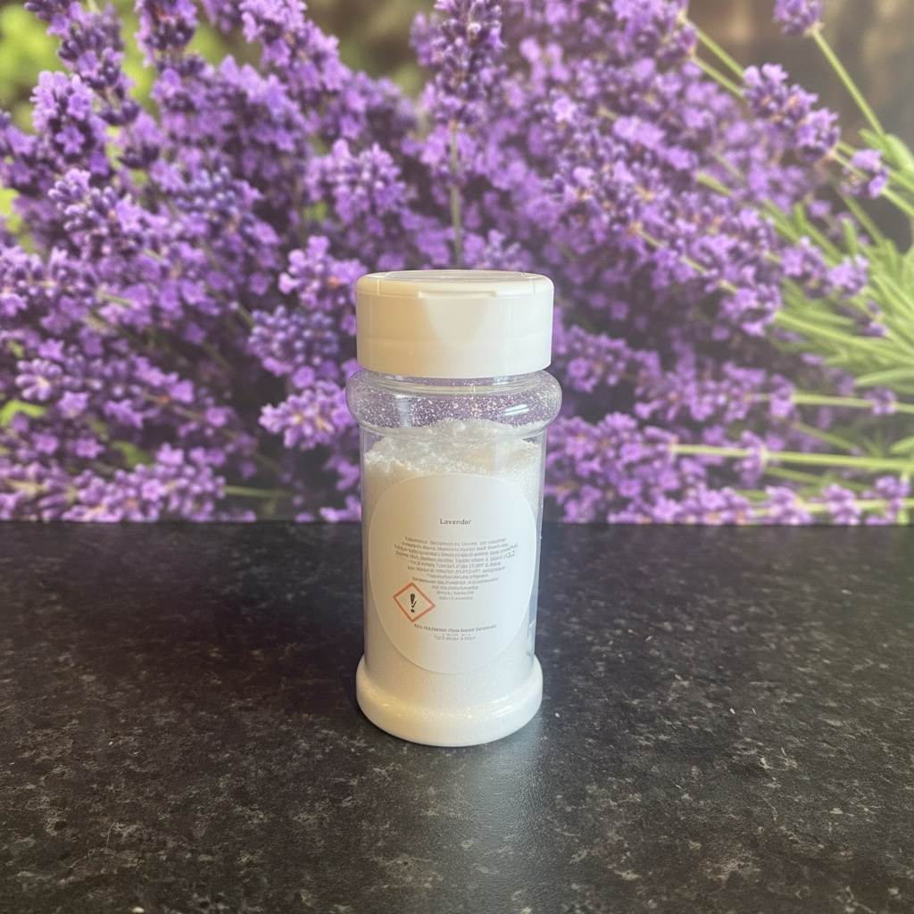 A shaker bottle of carpet freshener with lavender flowers background 