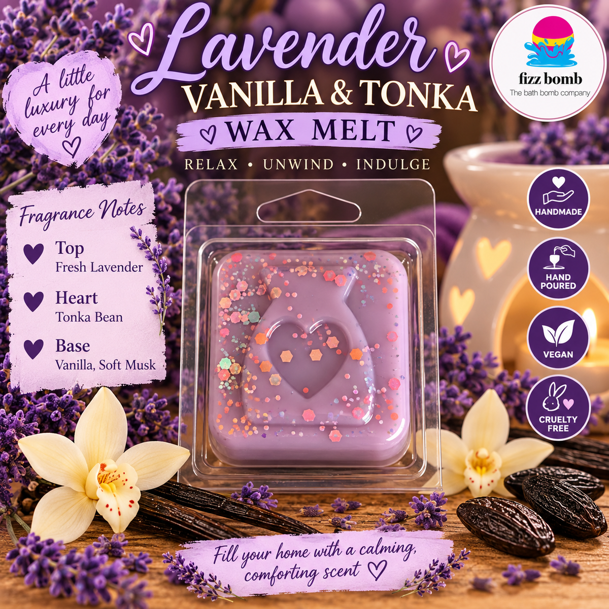 Lavender Vanilla & Tonka Wax Melt by Fizz Bomb in a clear blister pack, surrounded by lavender flowers, vanilla beans, and a candle jar on a wooden surface, with text highlighting fragrance notes and product features.