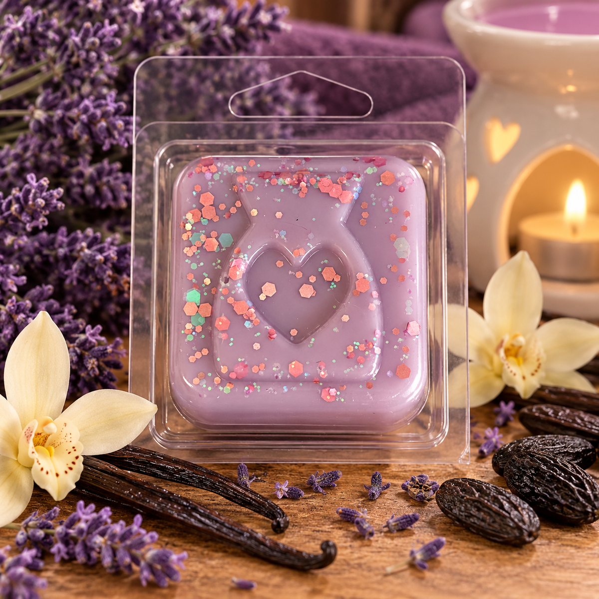 A lavender wax melt in a clear plastic clamshell package, decorated with pink and multicolor glitter and a heart-shaped cutout in the center. The wax melt is styled on a wooden surface with dried lavender, vanilla beans, dark raisins, and a warm white ceramic candle holder in the background.