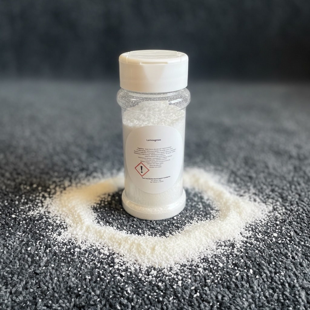 A shaker bottle of carpet freshener with powder scattered on a carpet.