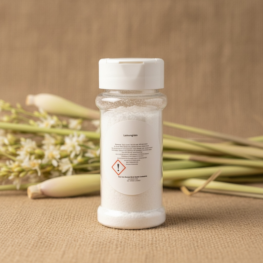 A shaker bottle of carpet freshener with lemongrass background