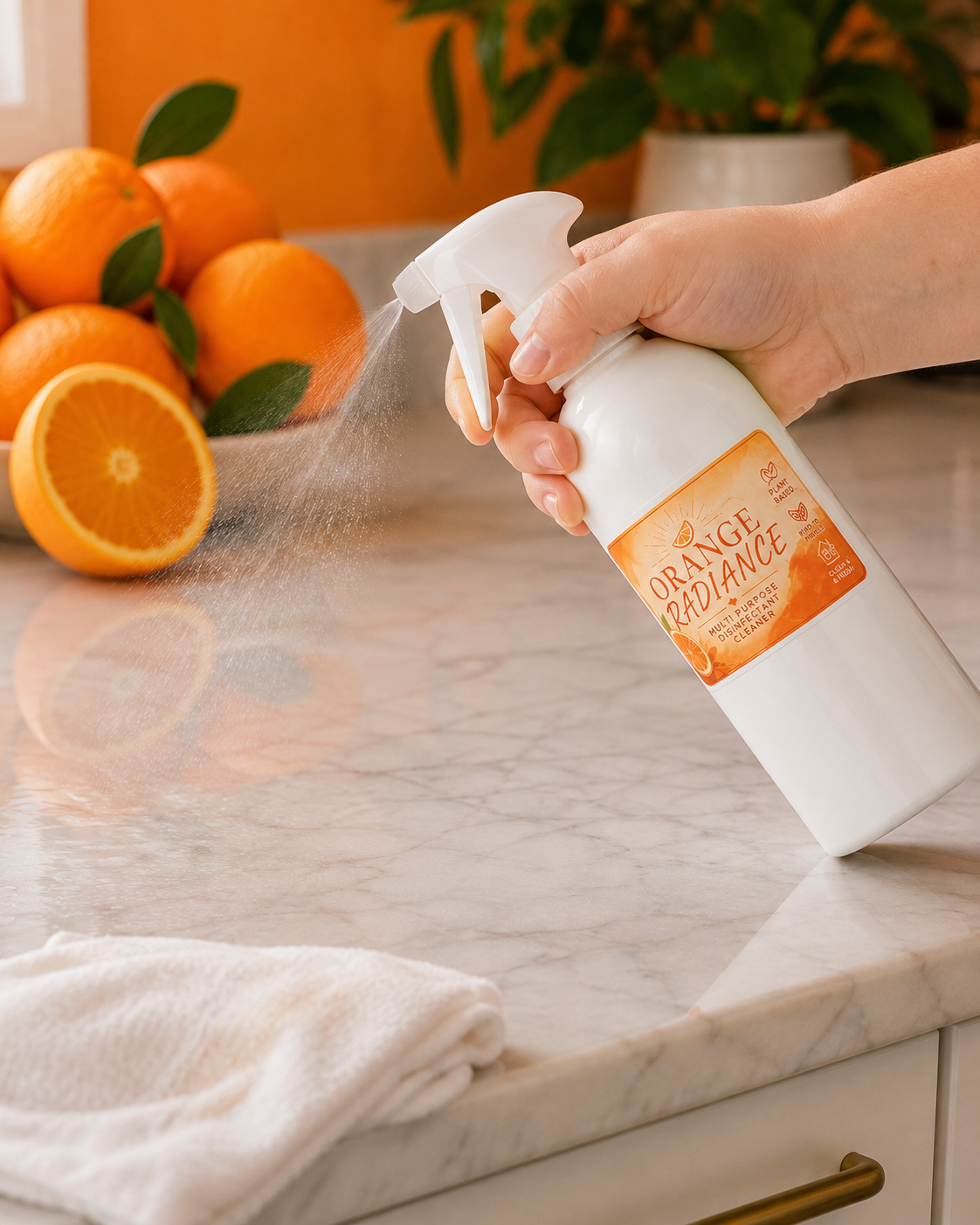 A hand holds a white spray bottle labeled Orange Radiance, spraying a fine mist onto a marble countertop. Fresh oranges and a folded white cloth are visible in the background of this kitchen setting.