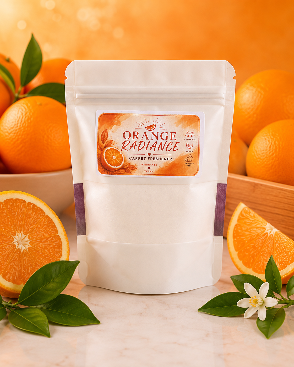 A white stand-up pouch of Orange Radiance Carpet Freshener centered on a marble surface, surrounded by oranges, orange slices, green leaves, and a white flower against a warm orange background.