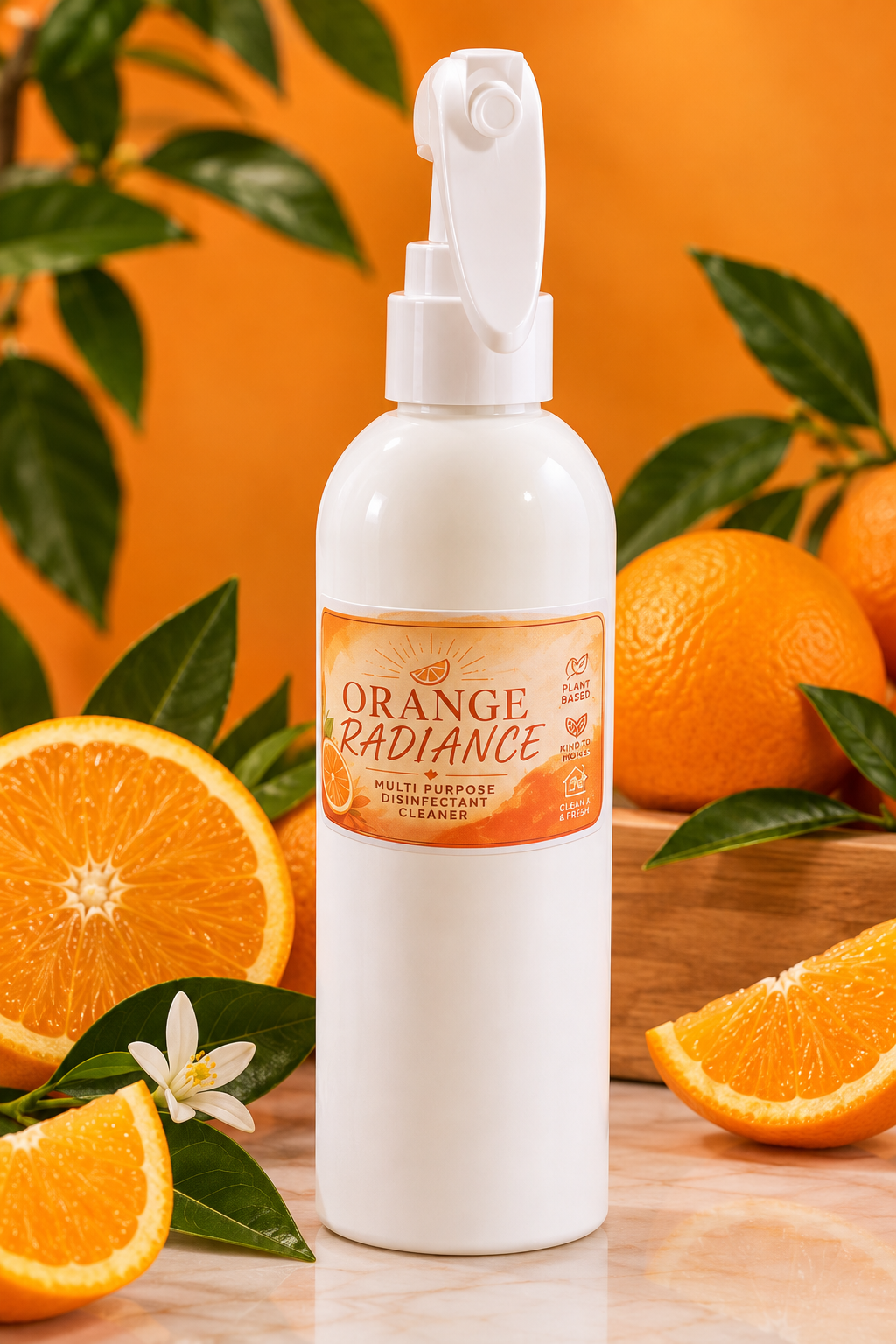 A white spray bottle of Orange Radiance Multi-Purpose Disinfectant Cleaner, surrounded by fresh orange slices, oranges, and green leaves against a vibrant orange background.