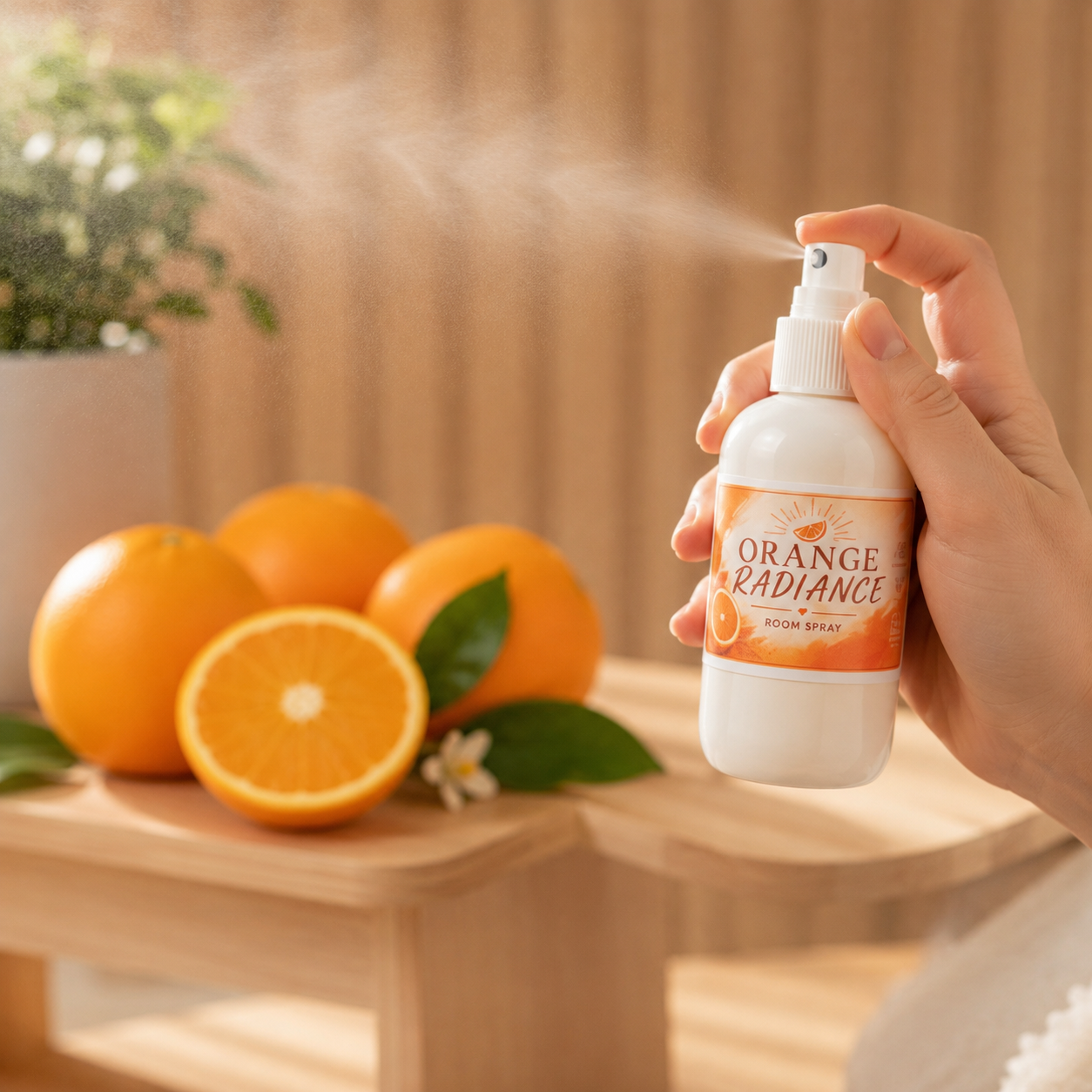 A hand holds a white spray bottle labeled 'ORANGE RADIANCE' while spraying a fine mist. The background shows a wooden table with fresh oranges, a green plant, and a warm wooden wall.