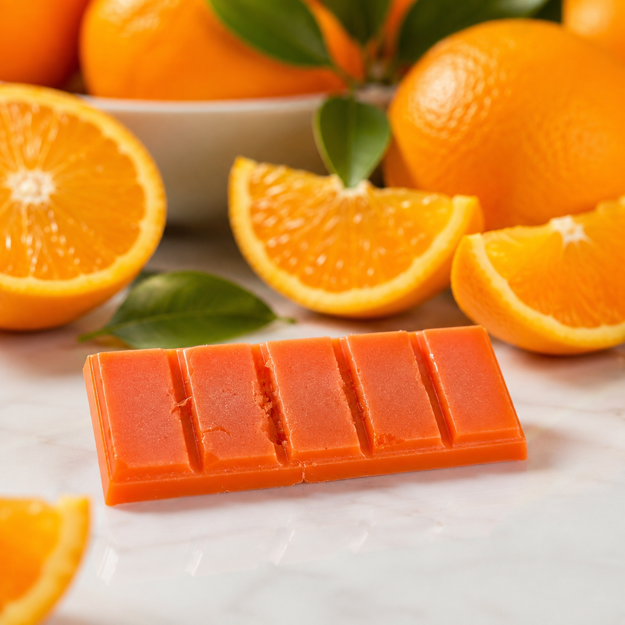 An orange-colored rectangular bar with five vertical scored sections, placed on a white marble surface with sliced oranges and green leaves in the background.