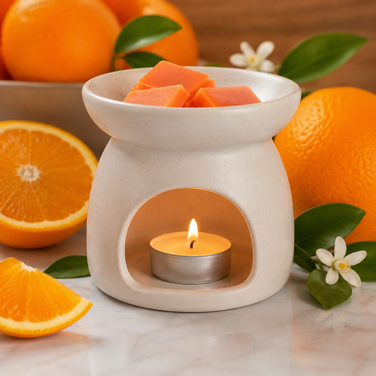 A ceramic orange-scented candle warmer with a lit tealight candle inside, topped with orange slices, surrounded by fresh oranges, green leaves, and small white flowers on a marble surface.