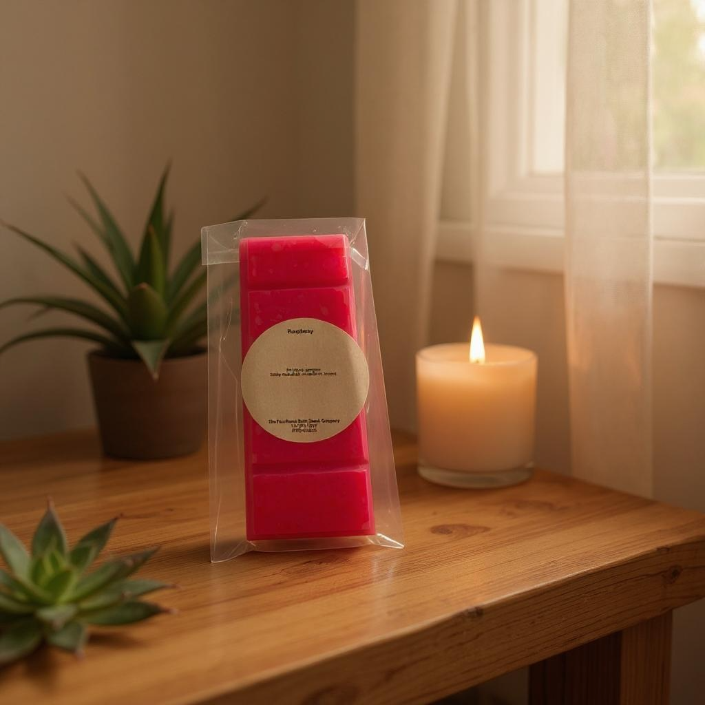 Pink wax melts in packaging on a wooden surface with a lit candle and plants in the background.