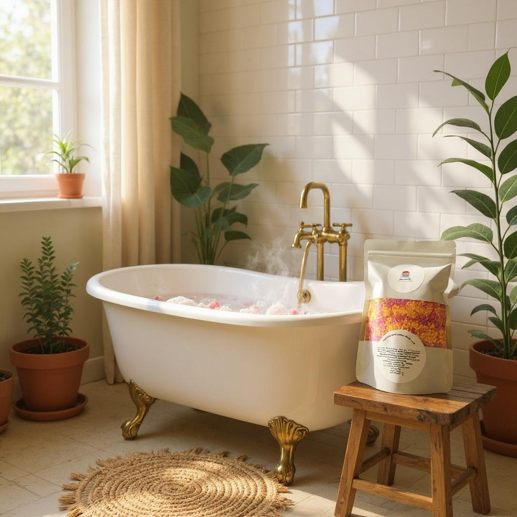 Bathroom with a freestanding bathtub, plants, and a stool with a bag of bath salts.
