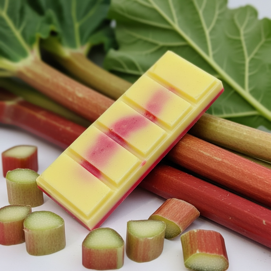 A pink and yellow wax snap bar with a rhubarb background