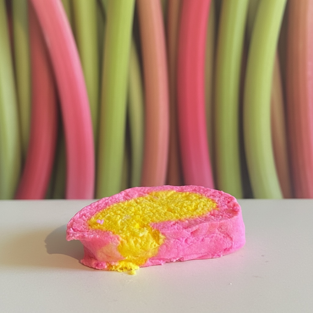 Pink and yellow bubble bar with rhubarb in the background