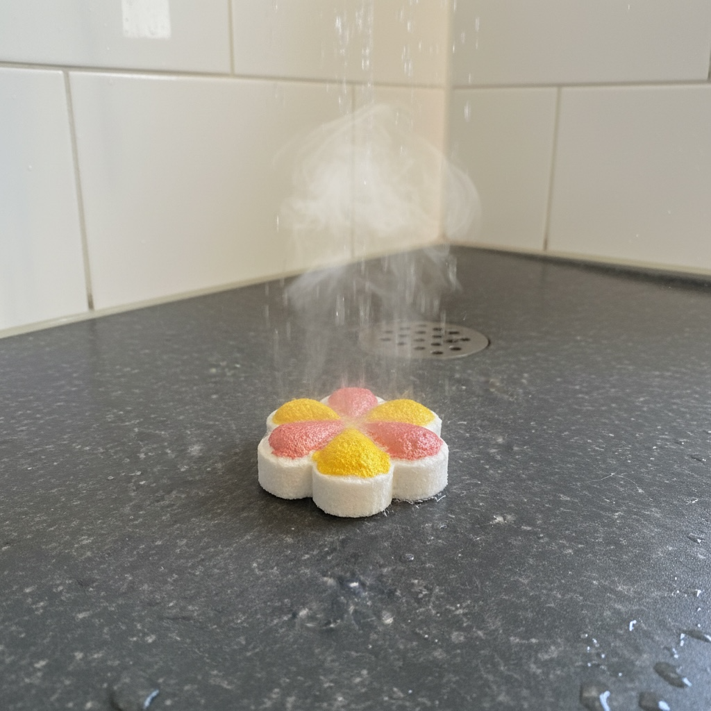 A flower-shaped shower steamer resting on a dark grey floor with water running over it, set against a tiled background