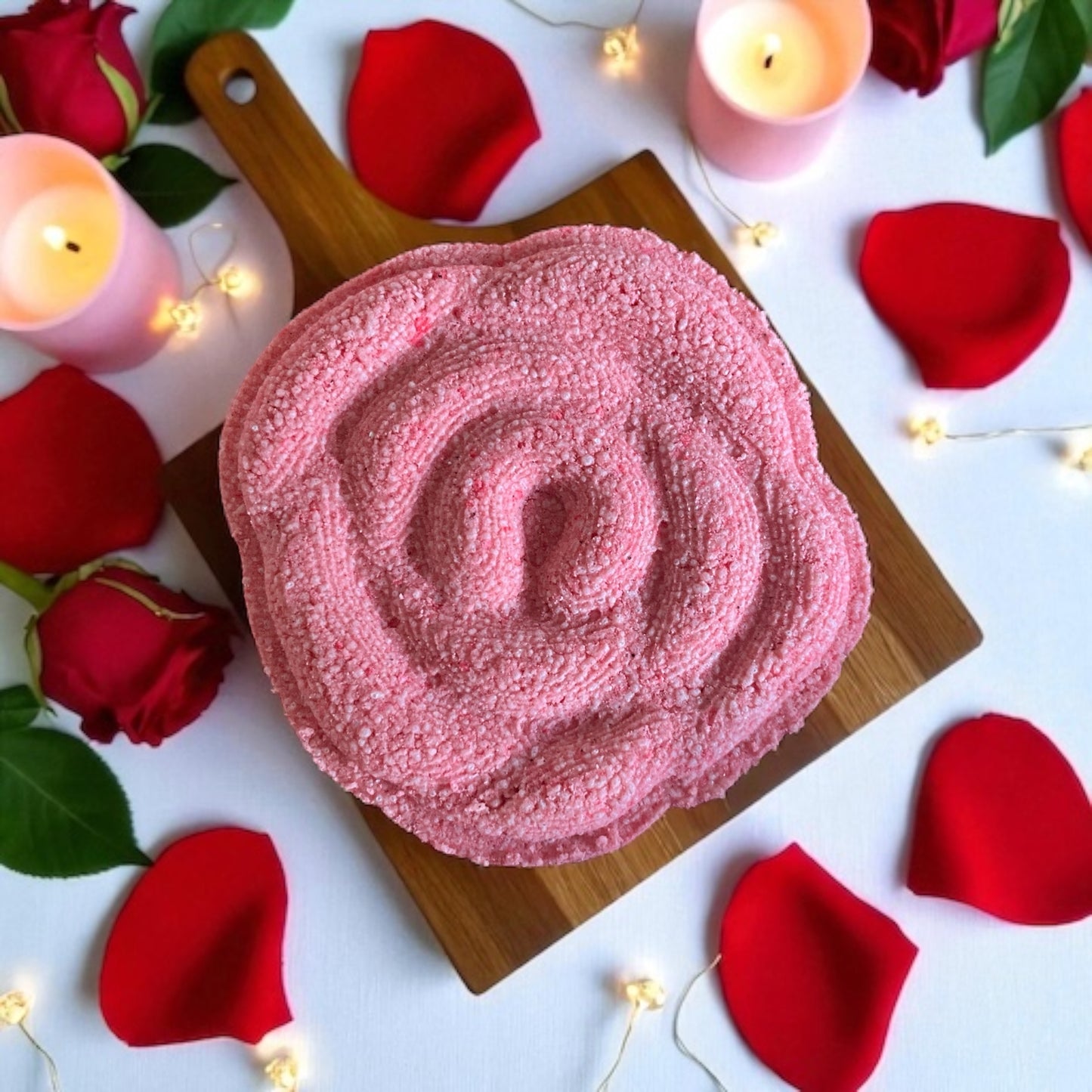 A rose shaped, rose scented red coloured handmade Bath bomb