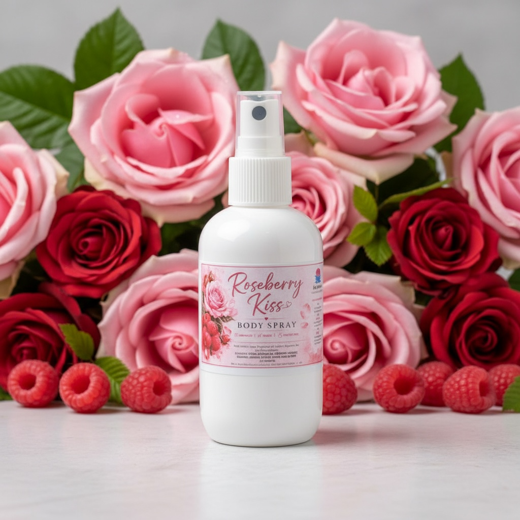 A white spray bottle labeled 'Roseberry Kiss Body Spray' stands centered in front of a bouquet of pink and red roses with raspberries on a light surface.