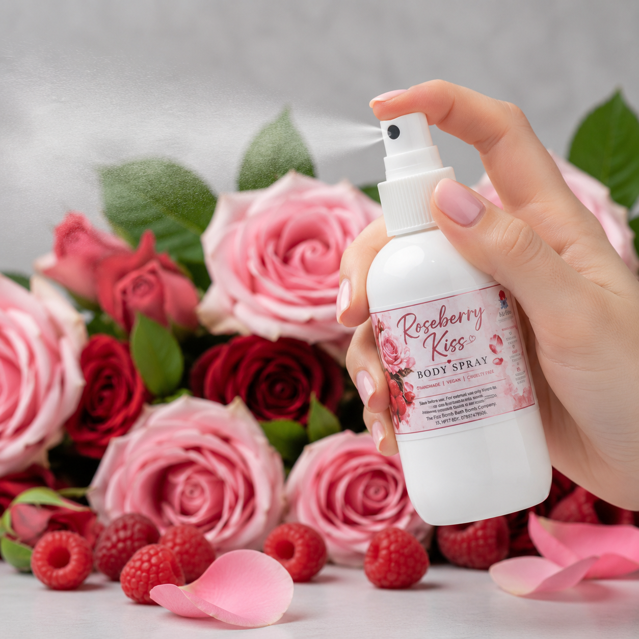 A hand with pink manicured nails sprays a white bottle of Roseberry Kiss Body Spray, surrounded by pink and red roses, raspberries, and pink petals on a light gray background.