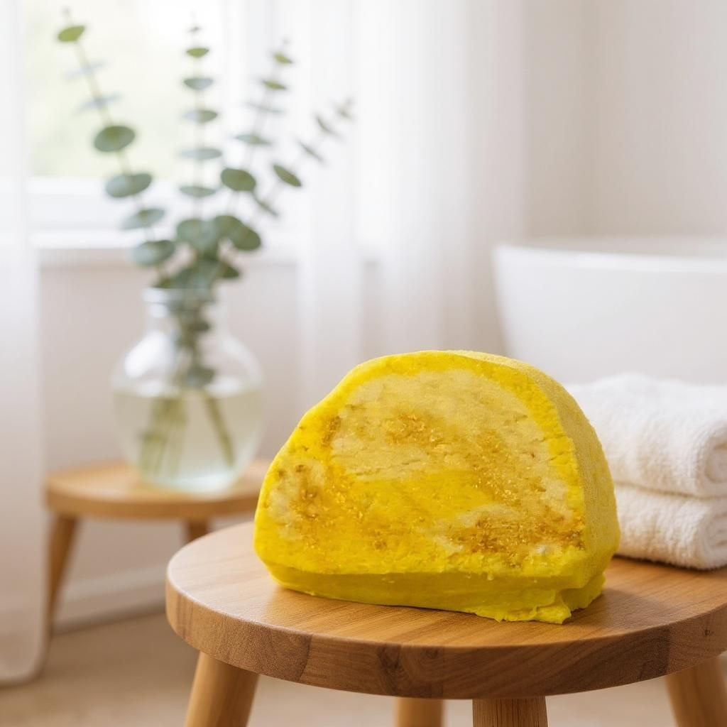 Yellow and white bubble bar on a wooden stool in a room with a plant and white towels.