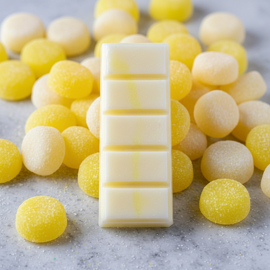 A wax melt snap bar with sherbet lemon sweets background 