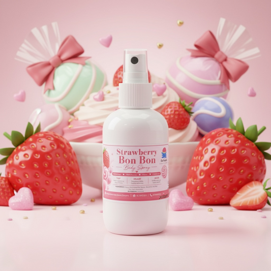 A strawberry Bon Bon body spray with a strawberry themed background 