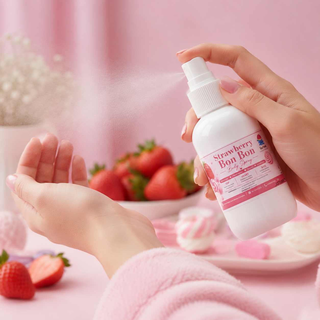 A person holds a white spray bottle labeled Strawberry Bon Bon against a soft pink background, spraying a fine mist onto their open palm. Fresh strawberries and pink decorative elements are blurred in the background.