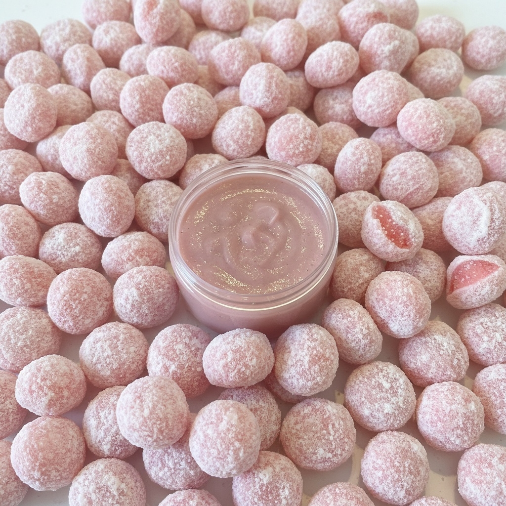 A light pink coloured hair mask in a pot with a strawberry Bon Bon sweets background.