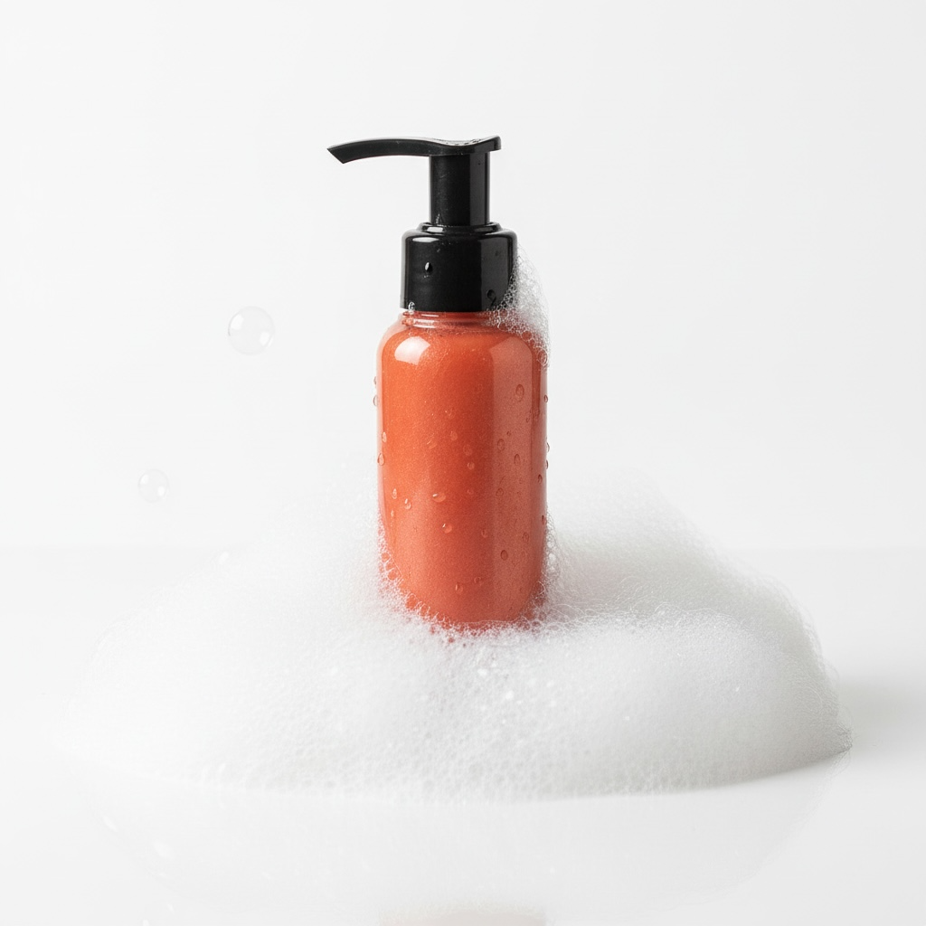 Bottle of red shampoo with a black pump on a white background